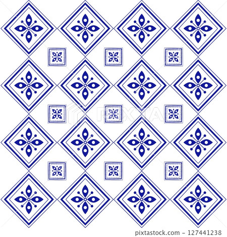 Mediterranean floral seamless pattern of blue red and yellow tiles. Ethnic mosaic design of Portuguese, Italian, Spanish decorative motifs. Ornament for home textile or ceramic. Vector illustration Mediterranean floral seamless pattern of blue red and yellow tiles. Ethnic mosaic design of Portuguese, Italian, Spanish decorative motifs. Ornament for home textile or ceramic. Vector illustration 127441238