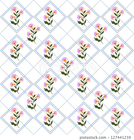 Mediterranean floral seamless pattern of blue red and yellow tiles. Ethnic mosaic design of Portuguese, Italian, Spanish decorative motifs. Ornament for home textile or ceramic. Vector illustration 127441239