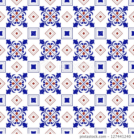 Mediterranean floral seamless pattern of blue red and yellow tiles. Ethnic mosaic design of Portuguese, Italian, Spanish decorative motifs. Ornament for home textile or ceramic. Vector illustration Mediterranean floral seamless pattern of blue red and yellow tiles. Ethnic mosaic design of Portuguese, Italian, Spanish decorative motifs. Ornament for home textile or ceramic. Vector illustration 127441240