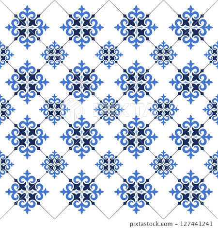 Mediterranean floral seamless pattern of blue red and yellow tiles. Ethnic mosaic design of Portuguese, Italian, Spanish decorative motifs. Ornament for home textile or ceramic. Vector illustration 127441241