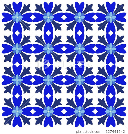 Mediterranean floral seamless pattern of blue red and yellow tiles. Ethnic mosaic design of Portuguese, Italian, Spanish decorative motifs. Ornament for home textile or ceramic. Vector illustration 127441242