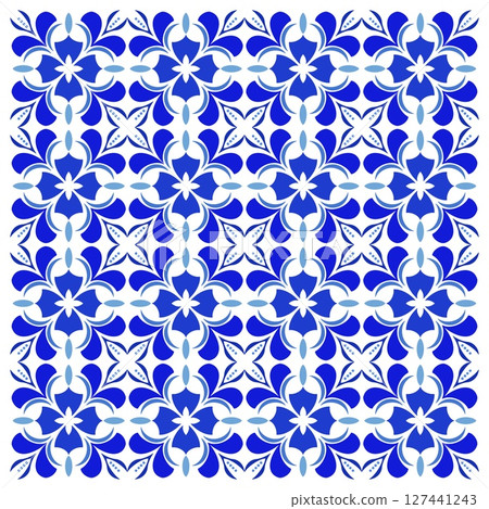 Mediterranean floral seamless pattern of blue red and yellow tiles. Ethnic mosaic design of Portuguese, Italian, Spanish decorative motifs. Ornament for home textile or ceramic. Vector illustration 127441243