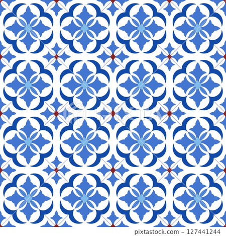 Mediterranean floral seamless pattern of blue red and yellow tiles. Ethnic mosaic design of Portuguese, Italian, Spanish decorative motifs. Ornament for home textile or ceramic. Vector illustration 127441244