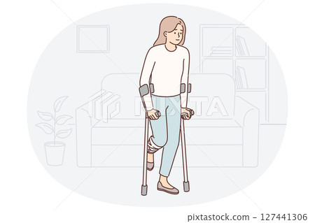 Disabled woman getting around with crutches injuring knee during car accident or fall 127441306