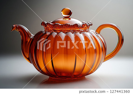 Ceramic teapot in shape of a orange pumpkin in a classic style on a white background. 127441360