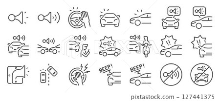 car horn icon set. It included honking, alert, traffic, notification, loud, and more icons.  127441375