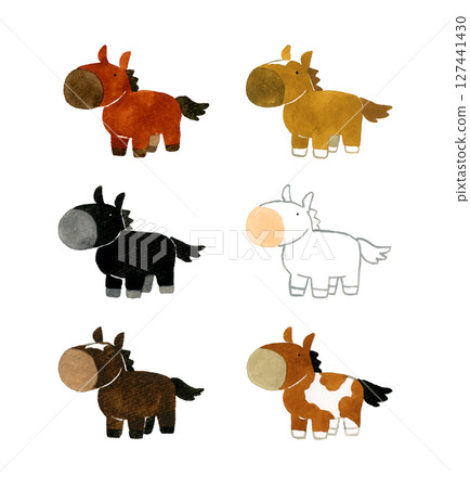 A set of various kinds of cute horses. Hand-drawn watercolor illustrations of animals. 127441430