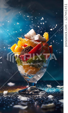 Vibrant mix of fresh tropical fruits served in a glass dessert cup, with coconut flakes flying in a dark blue background.  127441451