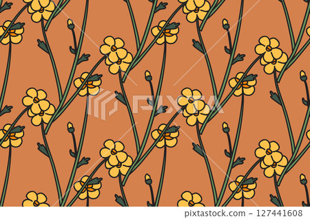 Botanical floral seamless pattern vector illustration. Repeating wildflowers meadow plant whit yellow flowers in pastel brown background. Graphic design for Fashion Wedding Textile Greeting Card Cover Botanical floral seamless pattern vector illustration. Repeating wildflowers meadow plant whit yellow flowers in pastel brown background. Graphic design for Fashion Wedding Textile Greeting Card Cover 127441608