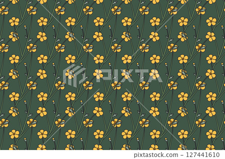 Botanical floral seamless pattern vector illustration. Repeating wildflowers meadow plant whit yellow flowers in pastel green background. Graphic design for Fashion Wedding Textile Greeting Card Cover 127441610