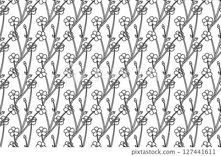Line art botanical floral seamless pattern vector illustration. Repeating wildflowers meadow plants whit outline flowers in white background. Graphic design for Fashion Wedding Greeting Card Cover 127441611