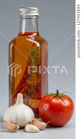 oil and tomatoes in glass bottle 127441694