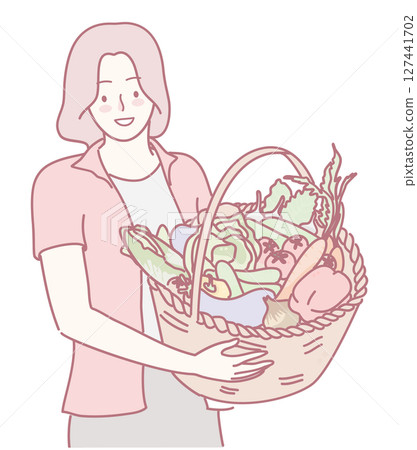 A Woman Holding a Basket Filled with Fresh Vegetables and Delicious Fruits from Nature 127441702