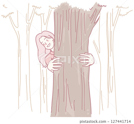 An Artistically Rendered Woman Embracing a Majestic Tree Amidst a Peaceful Forest Scene 127441714