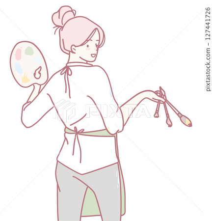A highly Creative Artist accompanied by an array of Palette and Brushes for crafting art 127441726