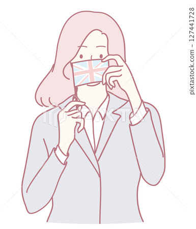 A Professional Woman Dressed in a Union Jack Mask, Symbolizing National Identity and Unity A Professional Woman Dressed in a Union Jack Mask, Symbolizing National Identity and Unity 127441728