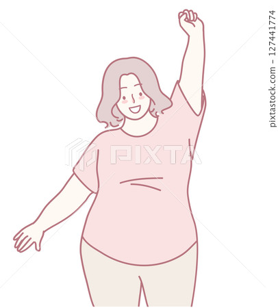 A Cheerful Woman Exuberantly Celebrating with an Uplifted Arm Gesture of Joy and Happiness A Cheerful Woman Exuberantly Celebrating with an Uplifted Arm Gesture of Joy and Happiness 127441774