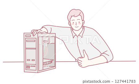 A vibrant young man is excitedly showcasing a trendy kitchen appliance and its features 127441783