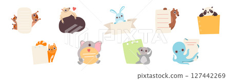 Funny Animal Character Holding Banner or Placard Vector Set 127442269