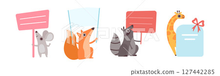 Funny Animal Character Holding Banner or Placard Vector Set 127442285