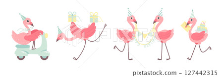 Cute Pink Flamingo Bird in Different Activity Vector Set Cute Pink Flamingo Bird in Different Activity Vector Set 127442315
