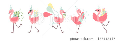 Cute Pink Flamingo Bird in Different Activity Vector Set Cute Pink Flamingo Bird in Different Activity Vector Set 127442317