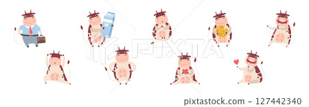 Funny Cow Character with Horn and Udder Enjoy Different Activity Vector Set 127442340