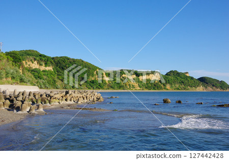 View of Shiozaki from Higashimachi Beach, Awaji Island, Hyogo Prefecture 127442428