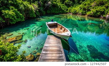 Okinawa's coral sea viewed from a wooden pier 127442507