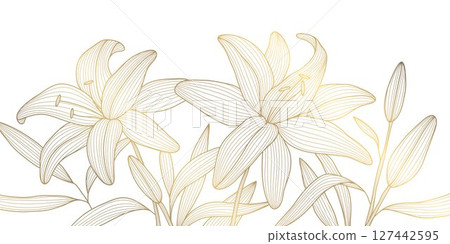 Vector golden line flowers, floral luxury art pattern. Abstract nature ornament garden leaf wallpaper, spring, wedding botanical graphic. Tropical Chinese, Japanese background. 127442595