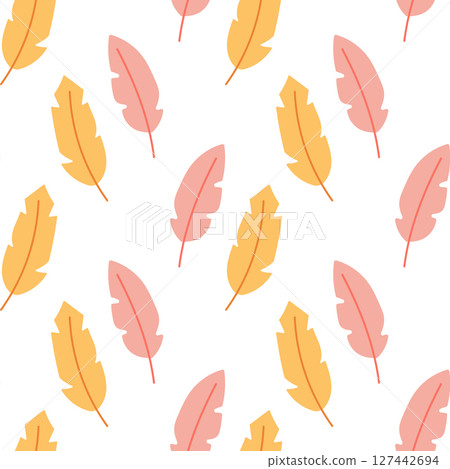 Boho pink and yellow feathers seamless background for kids design 127442694