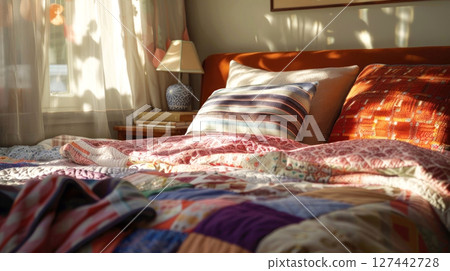 Cozy morning sunlight spills onto a vibrant quilt and plush pillows, creating a warm and inviting atmosphere 127442728
