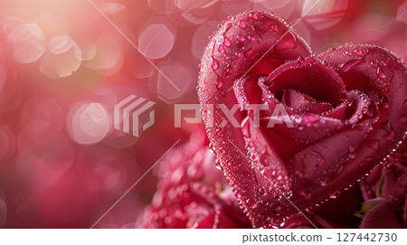A close-up of a heart-shaped rose with delicate water droplets, set against a dreamy bokeh background 127442730