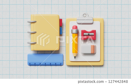 Stationery Set of School and Office Supplies. 3D Rendering. 127442848