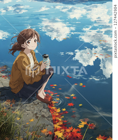 秋天河邊靜靜微笑的女孩（動漫風格，季節場景） 127442984