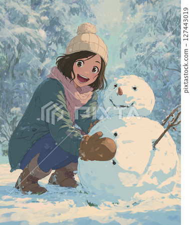 冬日裡的雪人和微笑的女孩 127443019