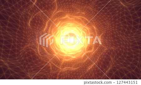 Intense glowing orange energy tunnel with bright core, abstract mesh grid, and strong digital flare in center Intense glowing orange energy tunnel with bright core, abstract mesh grid, and strong digital flare in center 127443151