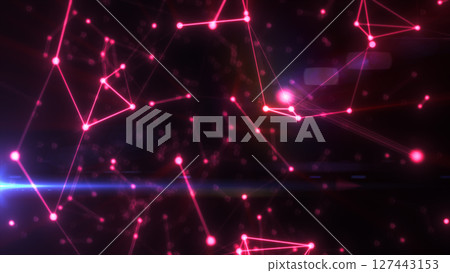 Glowing pink digital mesh of interconnected points on dark background with futuristic design elements and light flares Glowing pink digital mesh of interconnected points on dark background with futuristic design elements and light flares 127443153