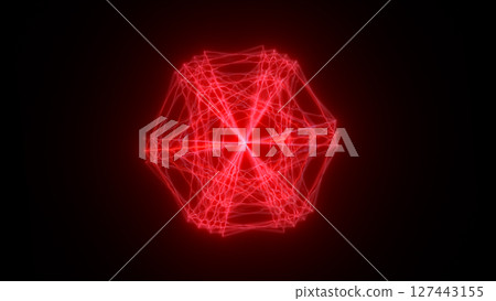 Glowing red geometric structure with dynamic energy lines radiating from the center on a dark background 127443155