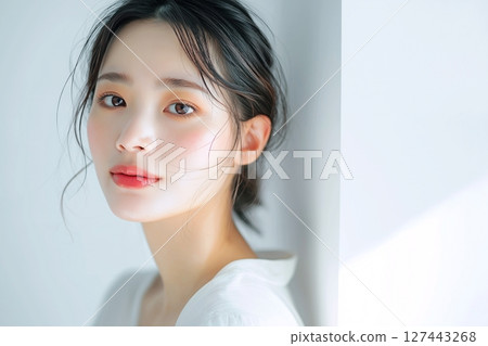 "AI-generated image" of a beautiful woman with clear skin 127443268