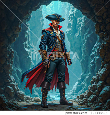 Young pirate in a blue-red uniform. A young, decisive pirate in a beautiful detailed suit and leather boots, he also wears a three  tricorn hat.  127443308