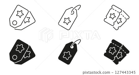 Star Tag And Ticket Line and Silhouette Icon Set. Discount Labels And Event Admission Symbols Collection. Retail Pricing And Entertainment Access Symbols. Isolated Vector Illustration Star Tag And Ticket Line and Silhouette Icon Set. Discount Labels And Event Admission Symbols Collection. Retail Pricing And Entertainment Access Symbols. Isolated Vector Illustration 127443345