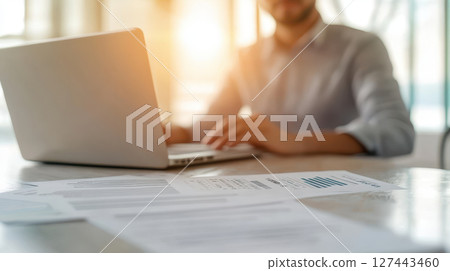 person working on laptop at dining table with documents 127443460