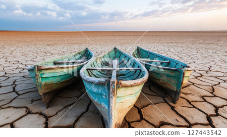 Abandoned fishing boats on dried up lakebed, showcasing climate change impact 127443542