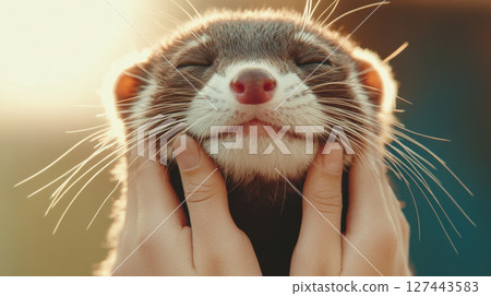 Ferret enjoying chin massage, displaying playful and happy mood. This adorable creature radiates joy and contentment 127443583