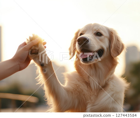 Golden retriever enjoying paw massage in sunny outdoor setting, radiating happiness and warmth 127443584