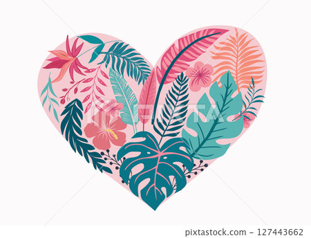 stylized flowers and foliage, in form the heart shape. stylized flowers and foliage, in form the heart shape. 127443662