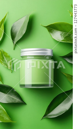 clear glass jar of green matcha cream surrounded by fresh green leaves, creating vibrant and natural aesthetic 127443773