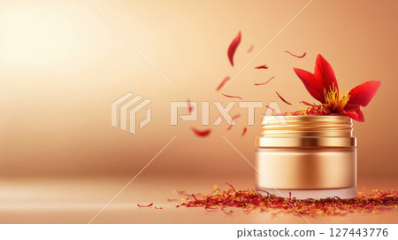 golden jar of saffron cream surrounded by saffron strands and petals, exuding luxury and elegance 127443776