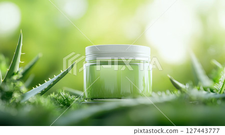 sleek jar of aloe vera gel surrounded by fresh aloe plants, showcasing natural beauty and wellness 127443777